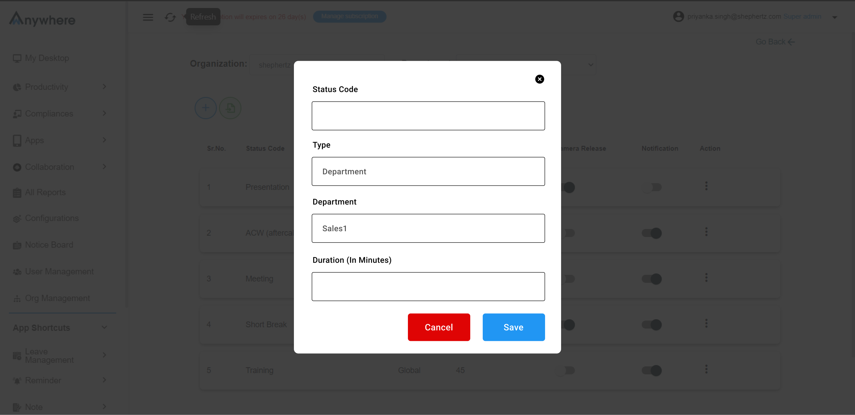 wAnywhere console showing employee aux time creation