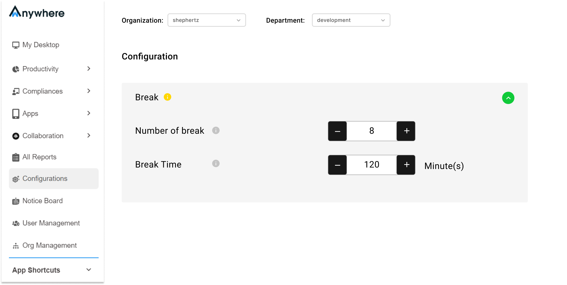wAnywhere console showing employee break time configuration