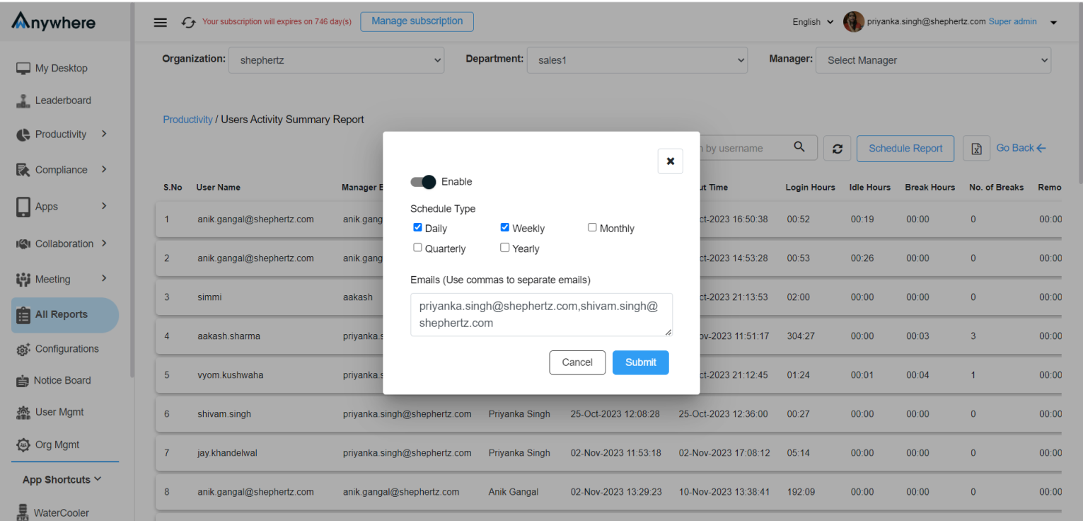 schedule reports with wAnywhere